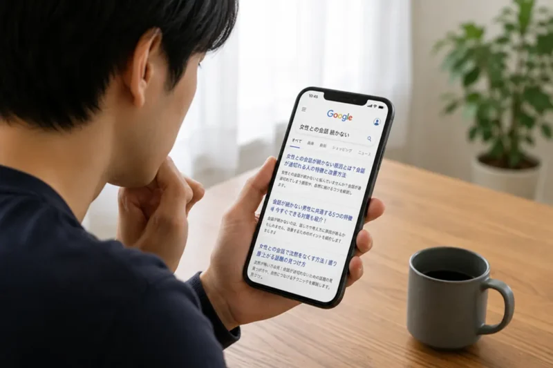 女性との会話が続かない原因や会話術をスマートフォンで検索している男性