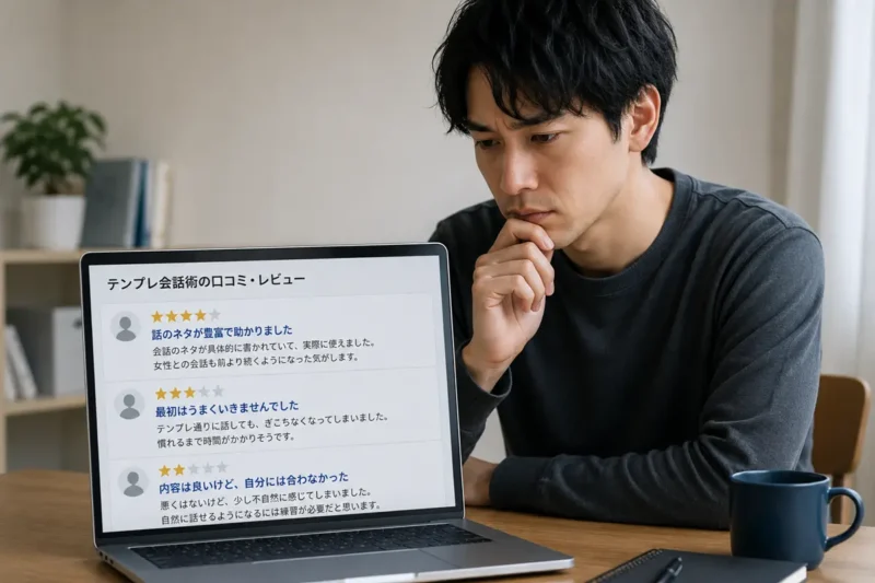 テンプレ会話術の口コミやレビューをパソコンで確認している男性